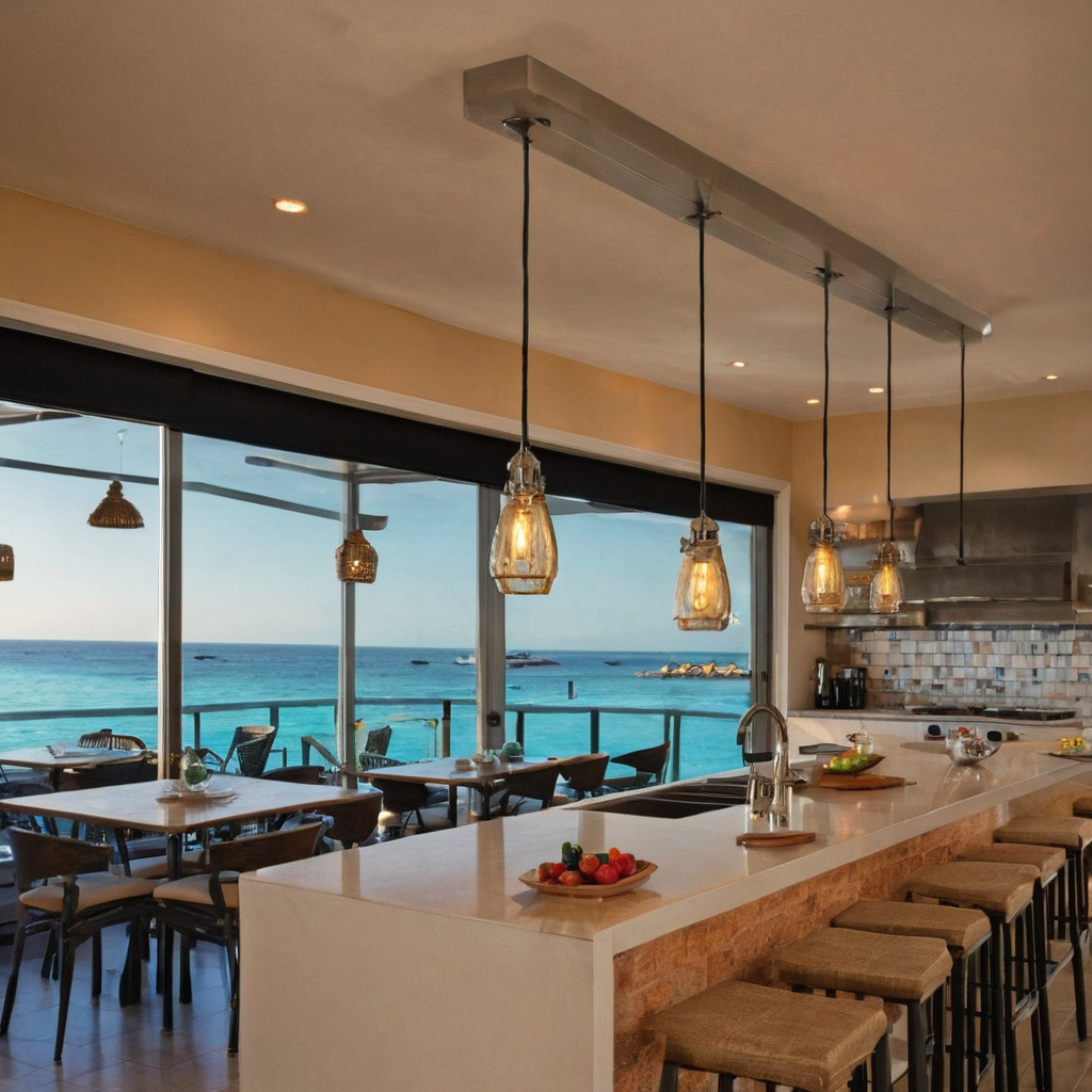 How do restaurants prevent glare and shadows from hanging kitchen island lighting during service travel planning visual