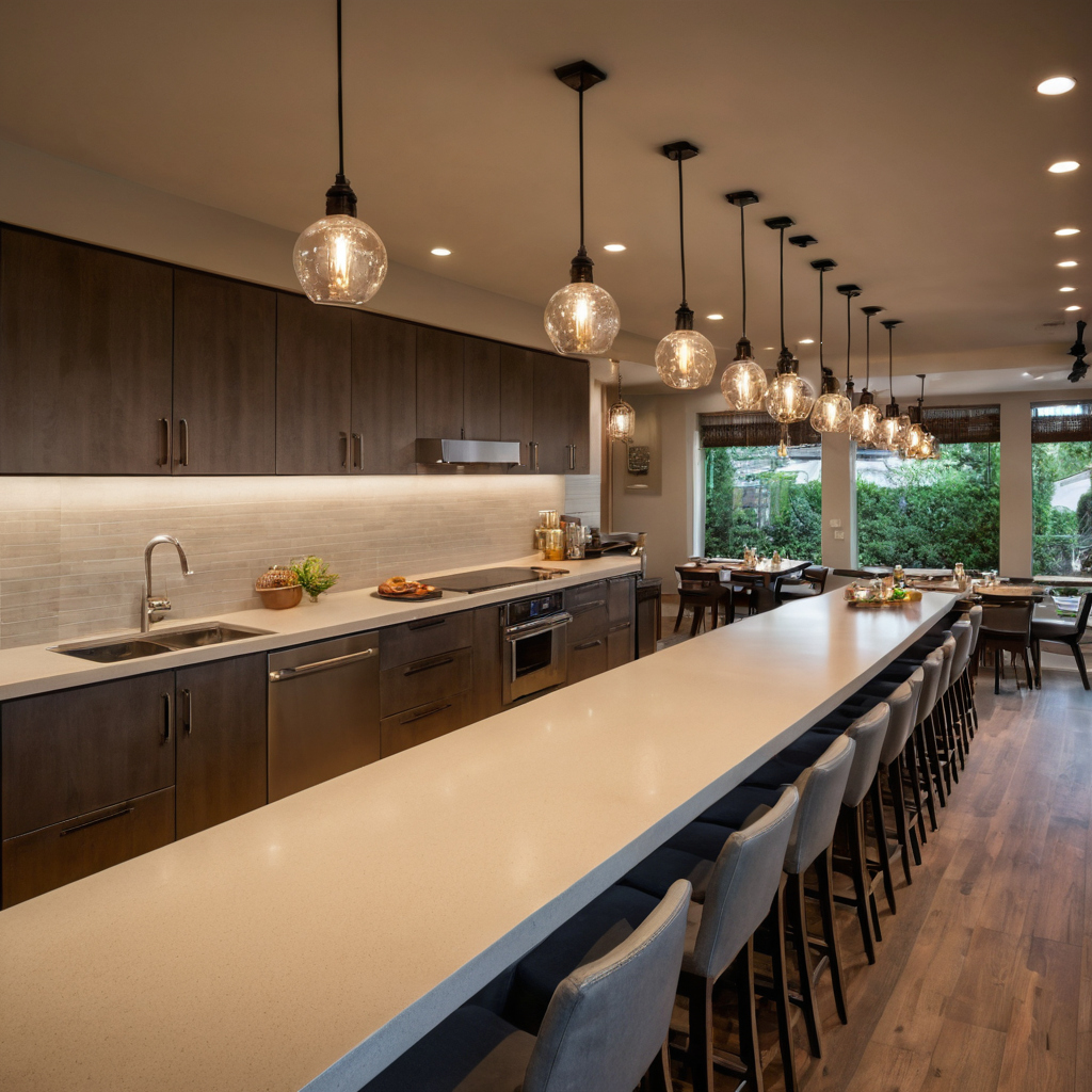 Practical visual for What cleanability and food-safety conditions affect pendant lighting above restaurant kitchen islands