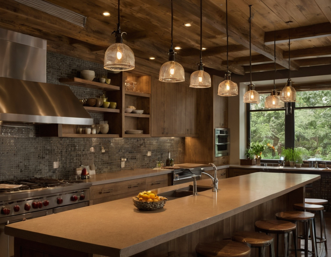 What project examples show pendants working over open kitchens, chef counters, or bar-adjacent islands editorial visual