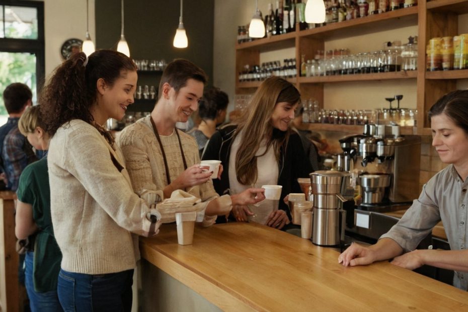 Ordering and drink pickup should occupy separate points on a compact café counter editorial visual