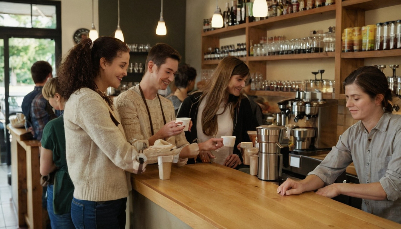 Ordering and drink pickup should occupy separate points on a compact café counter editorial visual