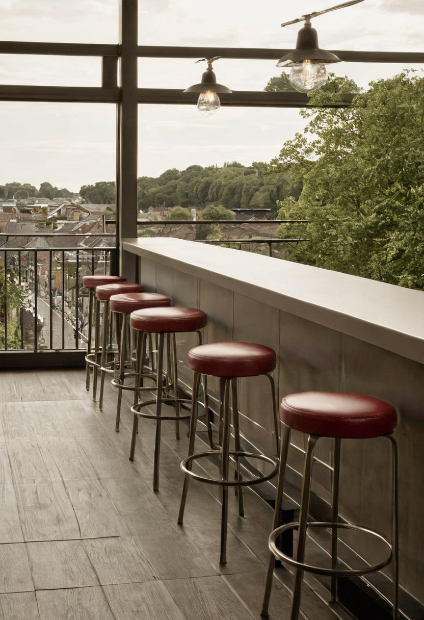 Modern style bar stools require spacing for arms, swivel travel, and occupied depth destination and access reference